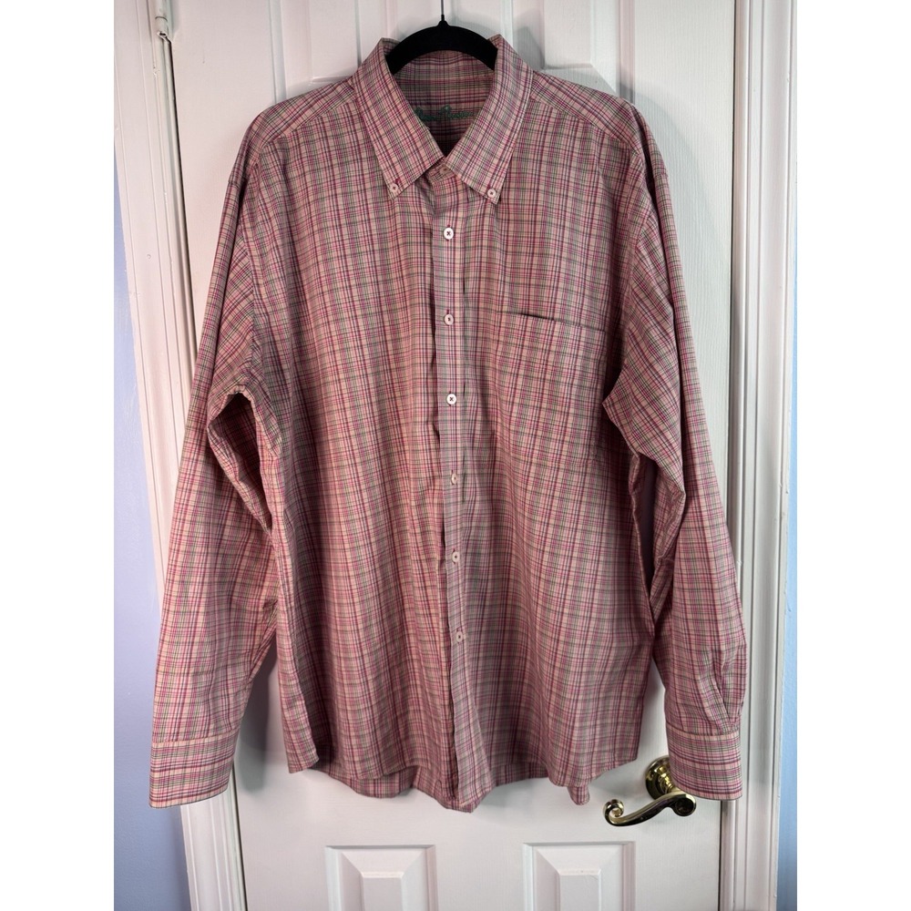 Alan Flusser Men's Button Down Plaid Shirt Long Sl 100% Cotton Pink Green XL